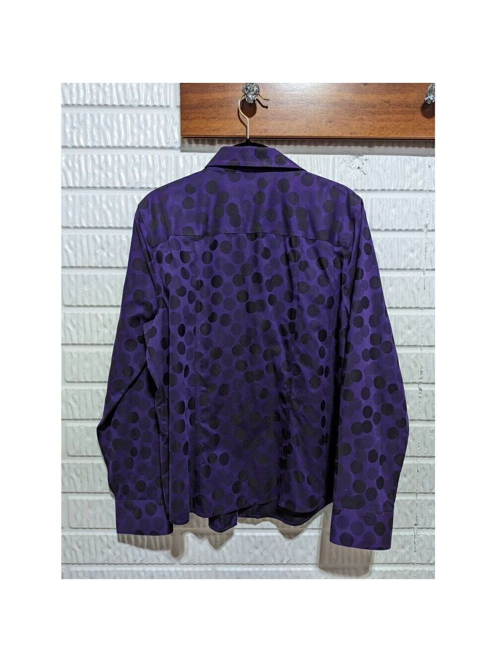 Foxcroft Women's 12 Purple Long Sleeve Button Front Blouse Black Abstract Polka - Picture 3 of 10